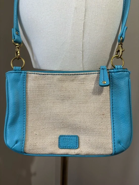 Fossil Blue Leather Cream Canvas Crossbody Shoulder Bag Purse Gold Hardware - Picture 2 of 9